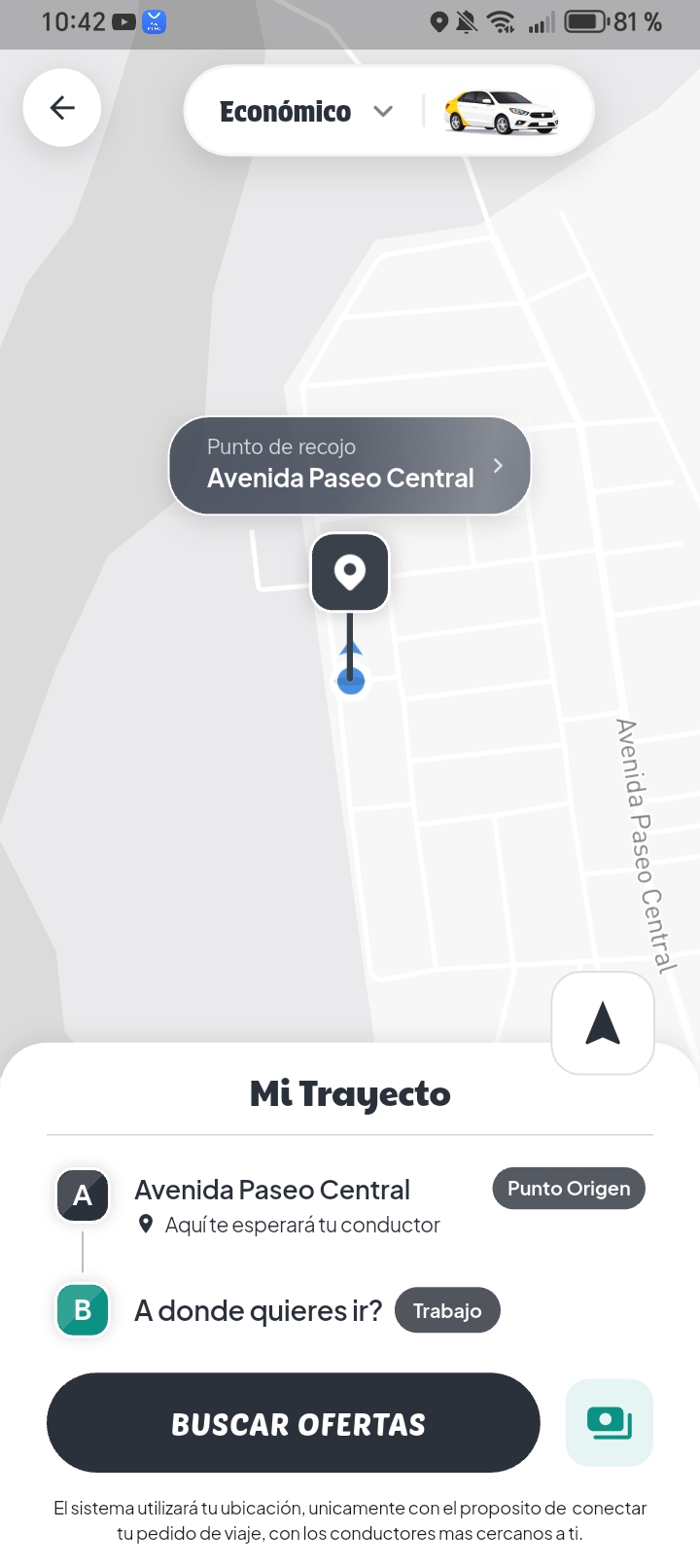 Pantalla de trayecto — origen y destino